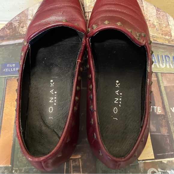 Jonak Paris Maroon Burgundy Leather Studded Stud Slip on Loafer Shoes - Picture 7 of 9